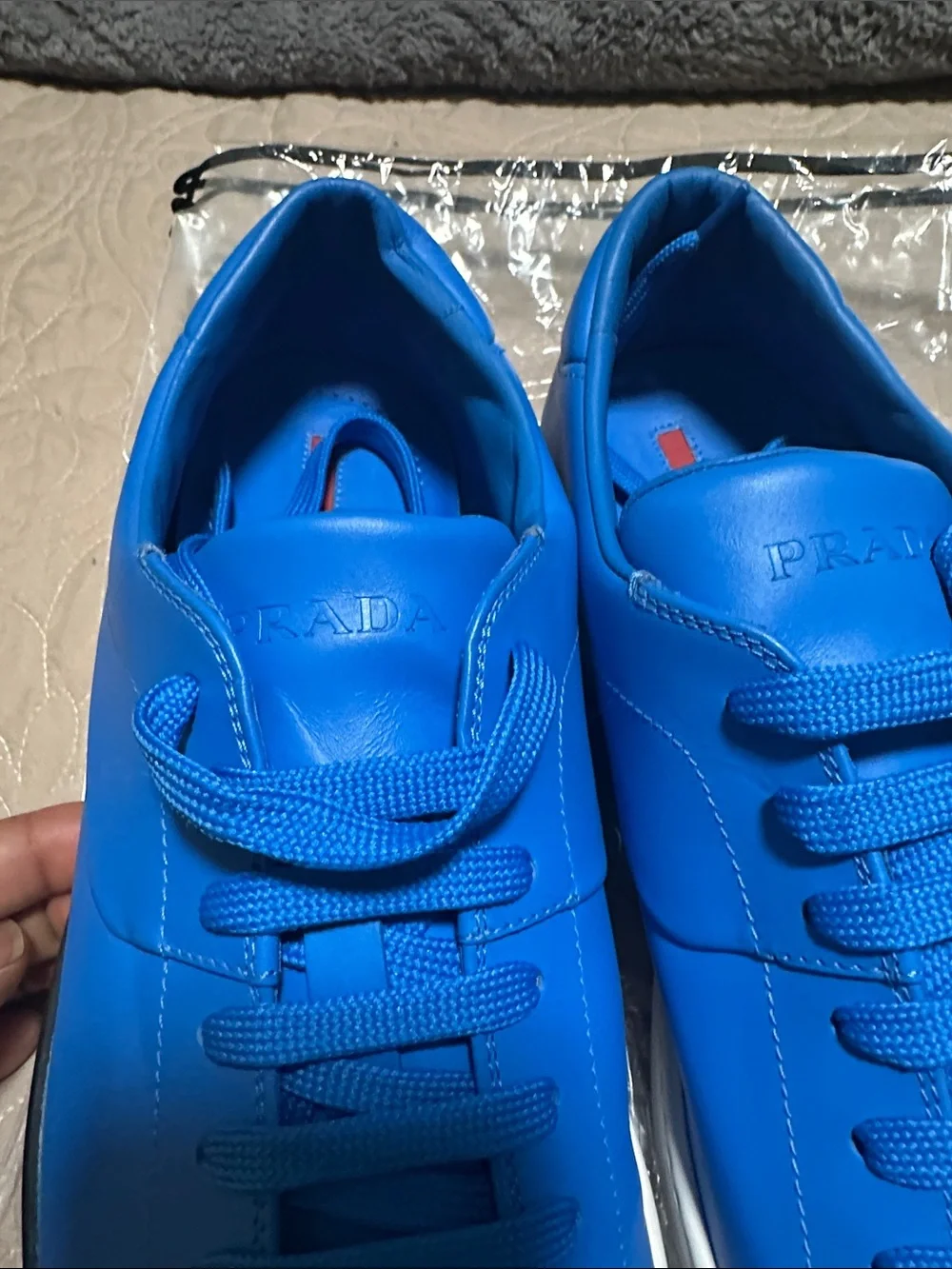 Prada Men's Electric Blue Leather Low-Top Sneakers
